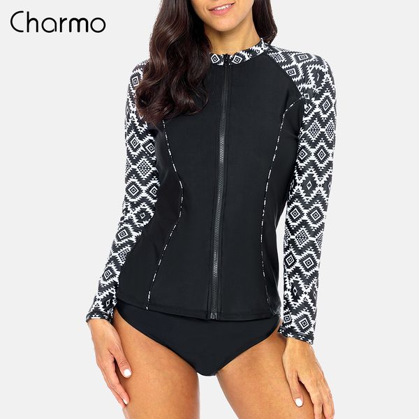 charmo women long sleeve zipper rashguard shirt swimsuit floral print swimwear surfing rash guard upf50+ uv-protection suits t200708, White;black
charmo women long sleeve zipper rashguard shirt swimsuit floral print swimwear surfing rash guard upf50+ uv-protection suits t200708, White;black
