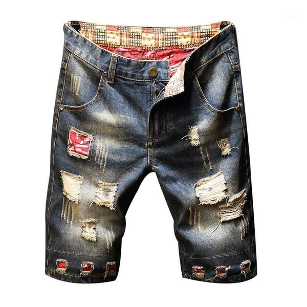 men denim shorts five-point pants korean version new summer thin section ripped retro patch trend casual pants1, Blue 
men denim shorts five-point pants korean version new summer thin section ripped retro patch trend casual pants1, Blue