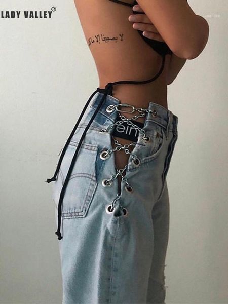 women's jeans heavy craft side slits cross straps metal chain high waist ladies fashion personality all-match1, Blue
women's jeans heavy craft side slits cross straps metal chain high waist ladies fashion personality all-match1, Blue