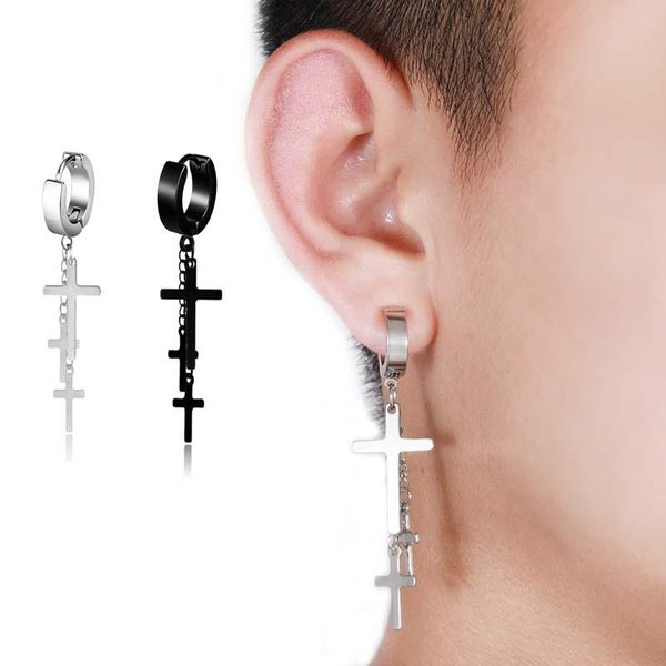stud black silver color stainless steel non piercing earrings for women men multilayer cross gothic punk rock drop pendiente, Golden;silver 
stud black silver color stainless steel non piercing earrings for women men multilayer cross gothic punk rock drop pendiente, Golden;silver