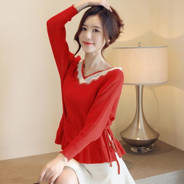new elegant women autumn winter thick loose bat-sleeve lace stitching sweater top, White;black
new elegant women autumn winter thick loose bat-sleeve lace stitching sweater top, White;black