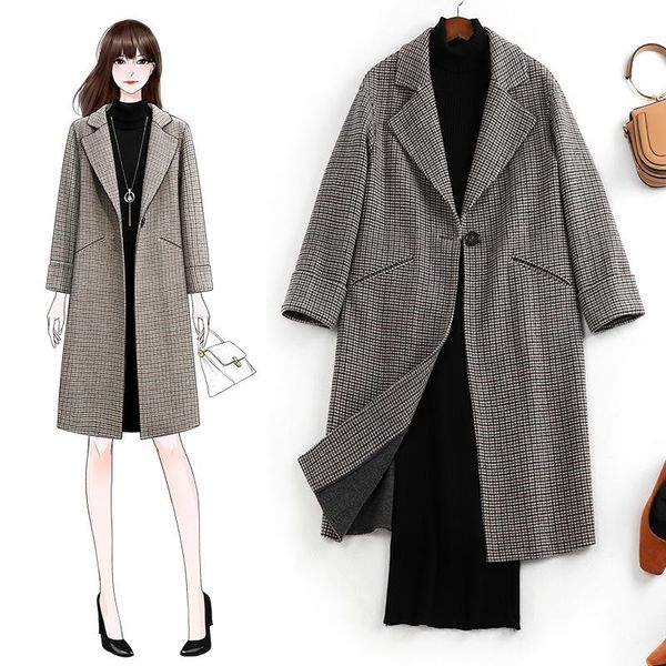 women's wool & blends large plaid tweed coat british style fall / winter 2021 80060, Black