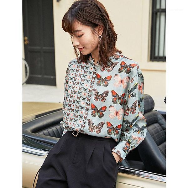 women's blouses & shirts 100% silk blouse women shirt casual style twill butterfly print lantern sleeve stand neck long elegant fashion, White
women's blouses & shirts 100% silk blouse women shirt casual style twill butterfly print lantern sleeve stand neck long elegant fashion, White