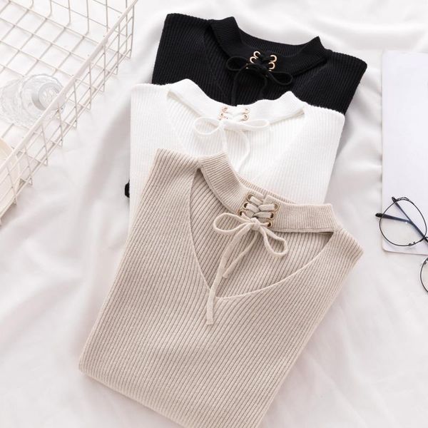 2021 casual v neck spring women slim sweater winter knitted sweater lace up long sleeve knitting pullover womens sweaters, White;black
2021 casual v neck spring women slim sweater winter knitted sweater lace up long sleeve knitting pullover womens sweaters, White;black