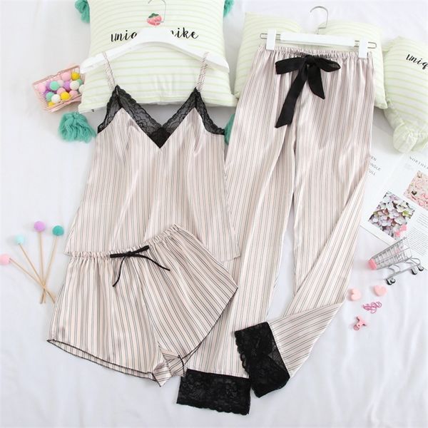 july's song 3 piece woman pajamas set stain silk sleepwear shorts woman and long pants strap sling summer pajama suit y200708, Black;red
july's song 3 piece woman pajamas set stain silk sleepwear shorts woman and long pants strap sling summer pajama suit y200708, Black;red