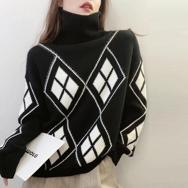 women's sweaters 2021 autumn and winter loose slim high neck jacquard fashion diamond thick sweater women wear, White;black
women's sweaters 2021 autumn and winter loose slim high neck jacquard fashion diamond thick sweater women wear, White;black