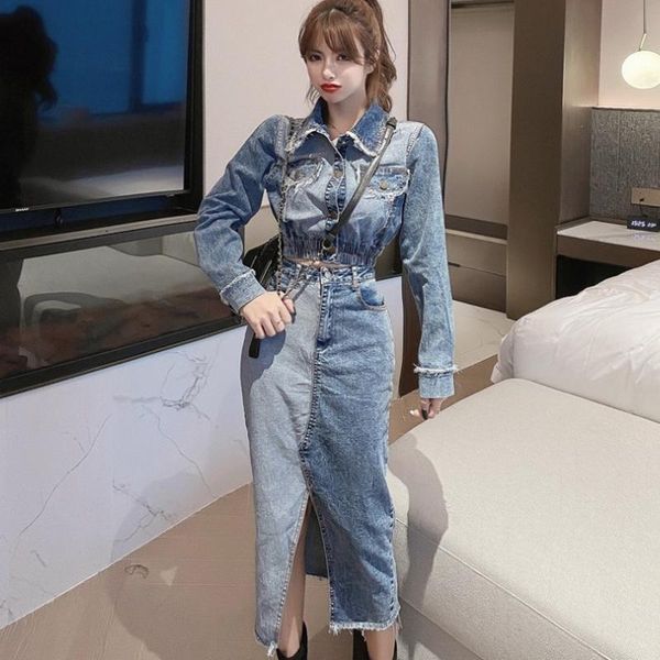 2021 spring autumn fashion denim suits color combination cardigan all-match small jacket + cowgirl split skirt sets, Gray
2021 spring autumn fashion denim suits color combination cardigan all-match small jacket + cowgirl split skirt sets, Gray