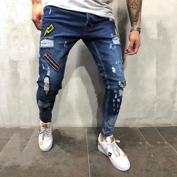 

men's clothing denim trousers 2021spring new mens patchwork badge hole jeans man slim fit biker ripped jean skinny pants homme, Blue