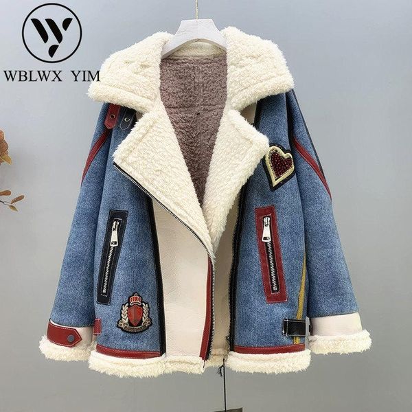 women's fur & faux lamb wool jacket women streetwear thick warm winter fashion badge denim spliced lambswool coat female coats, Black
women's fur & faux lamb wool jacket women streetwear thick warm winter fashion badge denim spliced lambswool coat female coats, Black