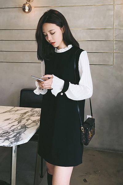 2021 new spring/new autumn size female slimmed-down sewing dress, Black;gray
2021 new spring/new autumn size female slimmed-down sewing dress, Black;gray