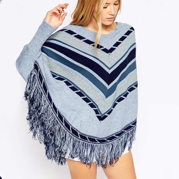 women's cape women tassel batwing sleeve sweater geometric patchwork color irregular pullover loose cape1, Black
women's cape women tassel batwing sleeve sweater geometric patchwork color irregular pullover loose cape1, Black