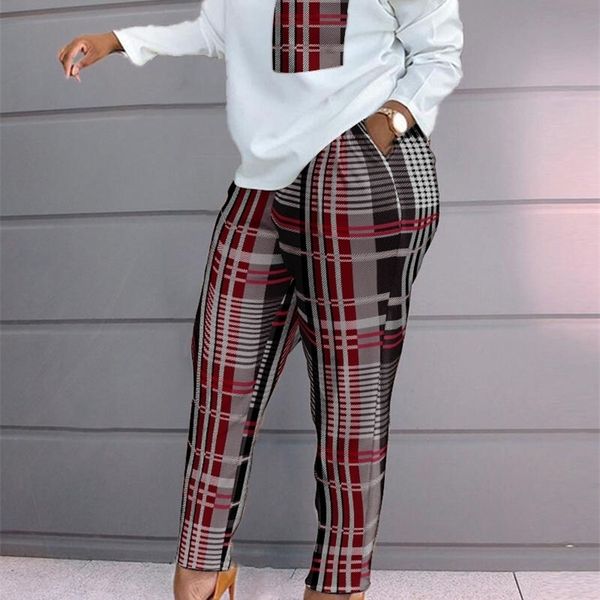 women spring autumn casual loose 2 piece set drawstring design pockets plaid print long sleeve & pants 220315, White
women spring autumn casual loose 2 piece set drawstring design pockets plaid print long sleeve & pants 220315, White