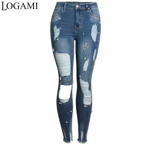 logami ripped skinny jeans woman hole pencil jeans women casual denim pants, Blue