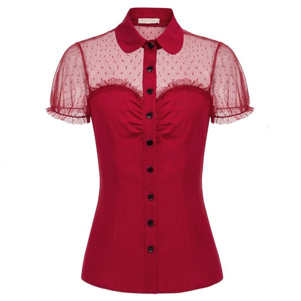 1x black women's short sleeve lapel collar red buttons mesh fabric patchwork drop shipping good quality, White