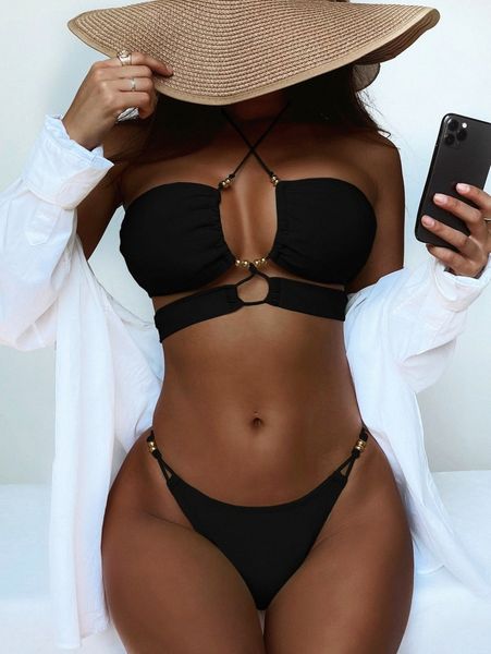 lace up halter thong bikini swimsuit a9jq#, White;black