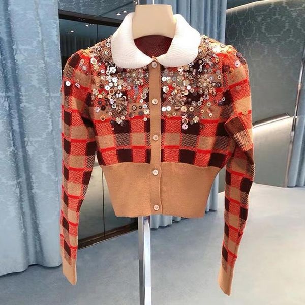 women's knits & tees runway designers woman sweaters 2021 autumn winter vintage beading sequined plaid knitted cardigan women, White
women's knits & tees runway designers woman sweaters 2021 autumn winter vintage beading sequined plaid knitted cardigan women, White
