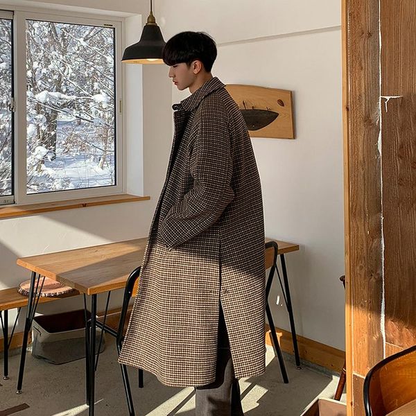 men's wool & blends winter retro overcoat checks plaids single breasted turn-down collar long loose coat gray khaki b5, Black
men's wool & blends winter retro overcoat checks plaids single breasted turn-down collar long loose coat gray khaki b5, Black