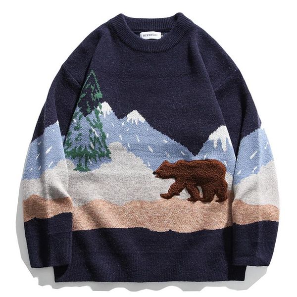 mens bear embroidery sweaters streetwear 2020 winter vintage couple patchwork knitwear women oversize pullover sweater, White;black 
mens bear embroidery sweaters streetwear 2020 winter vintage couple patchwork knitwear women oversize pullover sweater, White;black