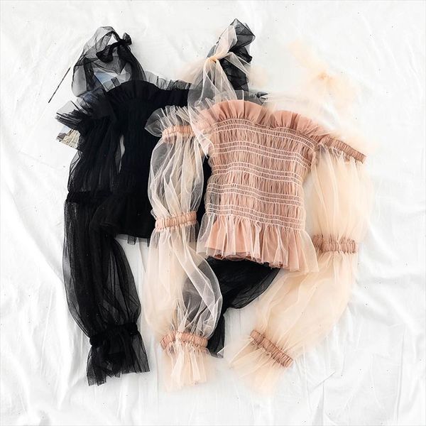 2021 women puff flare sleeve slash neck basic ruffles shirt casual elastic slim high waist tulle pullover mesh voile blouse, White
2021 women puff flare sleeve slash neck basic ruffles shirt casual elastic slim high waist tulle pullover mesh voile blouse, White