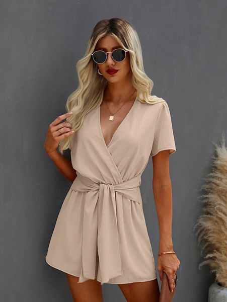 solid surplice front belted romper w87t#, White 
solid surplice front belted romper w87t#, White