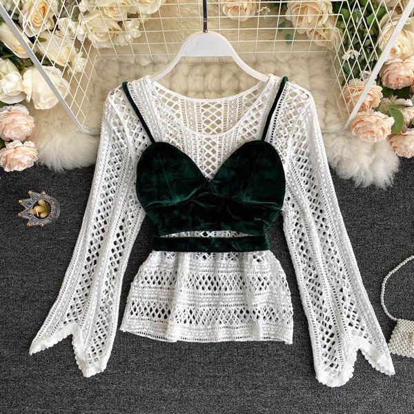autumn women blouse 2pcs blouse ladies hollow woven long-sleeved shirt velvet camisole knitted pullover shirt blusas femininas, White
autumn women blouse 2pcs blouse ladies hollow woven long-sleeved shirt velvet camisole knitted pullover shirt blusas femininas, White