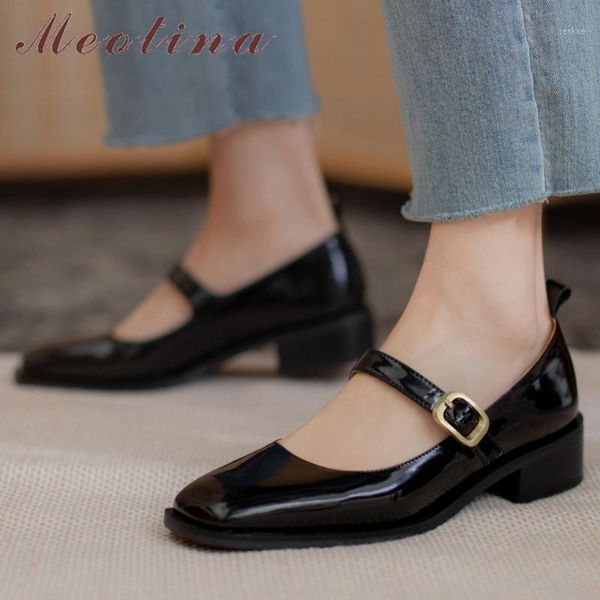 meotina square toe pumps women genuine leather mid heel mary janes shoes buckle strap thick heels shoes ladies footwear coffee1, Black 
meotina square toe pumps women genuine leather mid heel mary janes shoes buckle strap thick heels shoes ladies footwear coffee1, Black