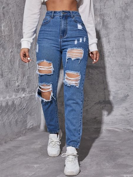 high waist ripped frayed tapered jeans 81kv#, Blue