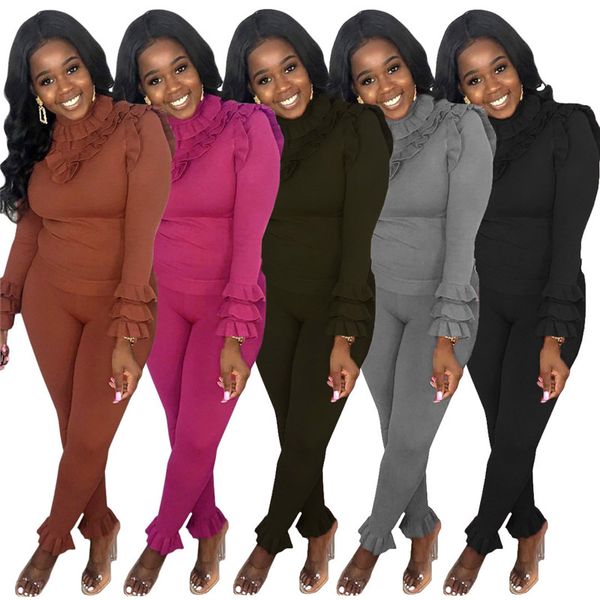 women pure color 2 piece pant suits ruffled woolen fabric leisure sports 2 piece suits, White 
women pure color 2 piece pant suits ruffled woolen fabric leisure sports 2 piece suits, White