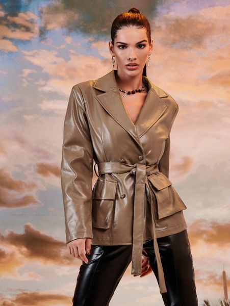 flap pocket double breasted belted pu leather blazer j2t8#, White;black
flap pocket double breasted belted pu leather blazer j2t8#, White;black