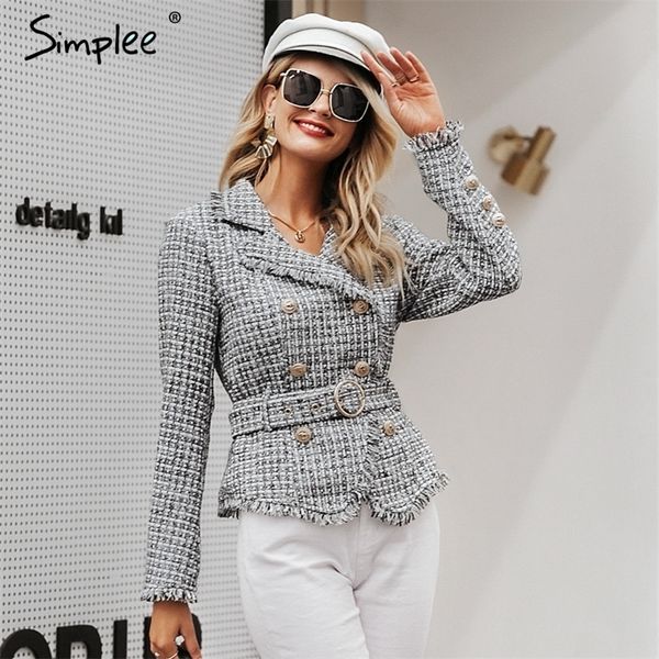 

simplee plaid frayed edge tweed jacket coat women v-neck double breasted button belt ladies coat long sleeve outwear blazer coat lj201214, White;black