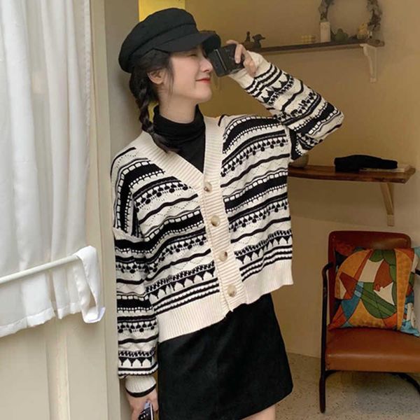 women's knits & tees knitted loose cardigan korean v-neck short stripe thickened retro sweater autumn winter coat women, White
women's knits & tees knitted loose cardigan korean v-neck short stripe thickened retro sweater autumn winter coat women, White