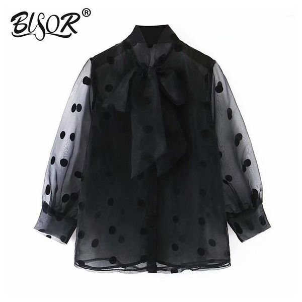 women fashion polka dots black organza blouse ladies long sleeve bow tie collar transparent chic shirts femininas 1, White
women fashion polka dots black organza blouse ladies long sleeve bow tie collar transparent chic shirts femininas 1, White