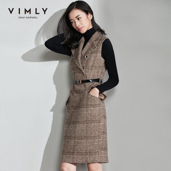 vimly autumn winter women plaid stripe woolen dress elegant ol style sleeveless double breasted lapel female dress 99305 201125, Black;gray
vimly autumn winter women plaid stripe woolen dress elegant ol style sleeveless double breasted lapel female dress 99305 201125, Black;gray