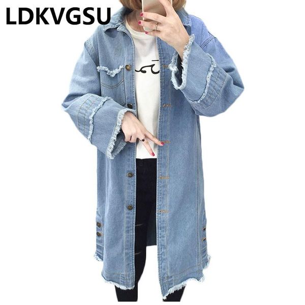 women's trench coats 2021 frayed blue long denim jacket women basic coat fashion single breasted jeans loose outerwear female is364, Tan;black
women's trench coats 2021 frayed blue long denim jacket women basic coat fashion single breasted jeans loose outerwear female is364, Tan;black