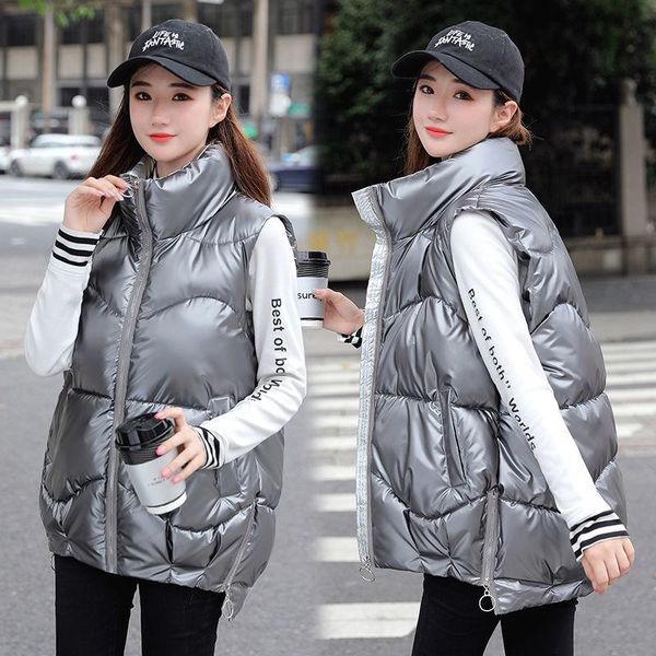 women's vests short waistcoat winter outer wear shiny down cotton vest loose and versatile sleeveless warm female coat, Black;white 
women's vests short waistcoat winter outer wear shiny down cotton vest loose and versatile sleeveless warm female coat, Black;white