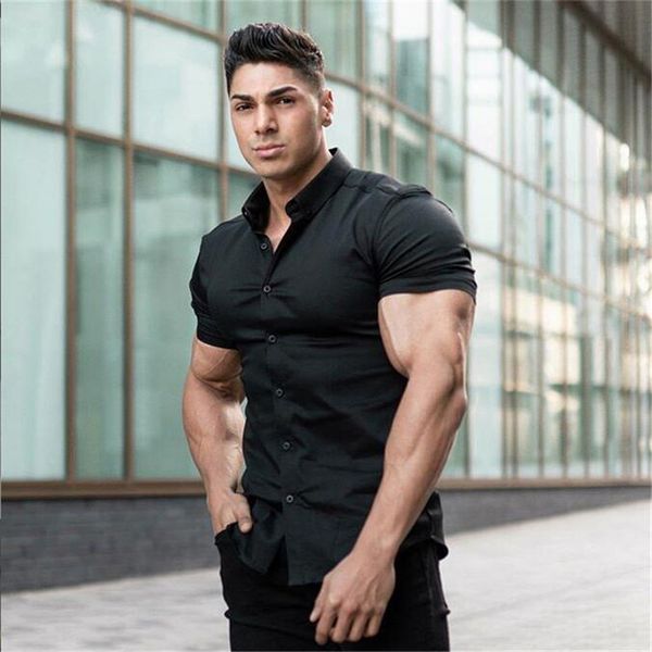 summer fashion short sleeve shirt men super slim fit male casual social business dress brand fitness sports clothing 220308, White;black
summer fashion short sleeve shirt men super slim fit male casual social business dress brand fitness sports clothing 220308, White;black