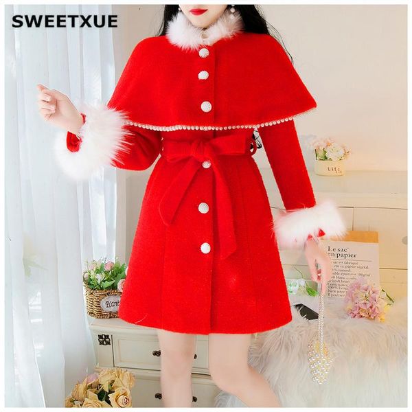 women's wool & blends sweetxue sweet cloak solid color winter single-breasted woolen coat with faux fur collar beaded women jacket, Black
women's wool & blends sweetxue sweet cloak solid color winter single-breasted woolen coat with faux fur collar beaded women jacket, Black