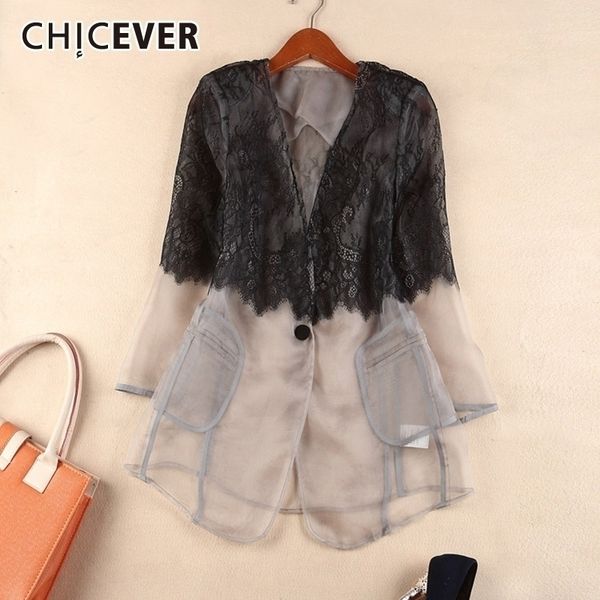 

chicever korean patchwork lace mesh women's blazer v neck long sleeve hit color perspective plus size suits female clothes 201201, White;black