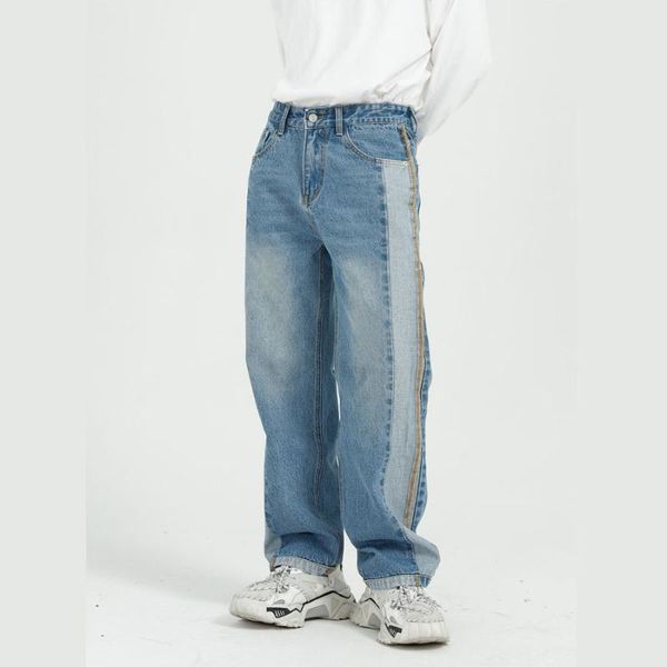 men side splice stripe bright line washed casual loose wide leg jeans pant male japan korea streetwear vintage denim pants, Blue
men side splice stripe bright line washed casual loose wide leg jeans pant male japan korea streetwear vintage denim pants, Blue