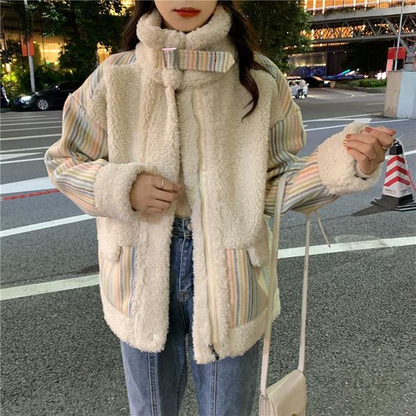 women's fur & faux herstory 2021 winter thicken warm teddy jacket coat women casual fashion lamb overcoat patchwork striped outerwear, Black
women's fur & faux herstory 2021 winter thicken warm teddy jacket coat women casual fashion lamb overcoat patchwork striped outerwear, Black