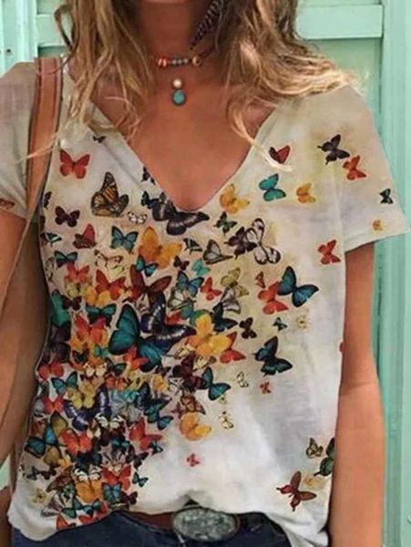 print 2020 v-neck selling butterfly short sve women's t-shirt, Black;gray