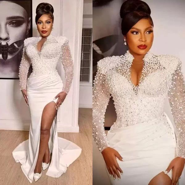 ivory prom dresses luxury pearls beaded long sleeves high neck side slit ruched pleats custom made evening party gowns plus size vestidos, Black
ivory prom dresses luxury pearls beaded long sleeves high neck side slit ruched pleats custom made evening party gowns plus size vestidos, Black