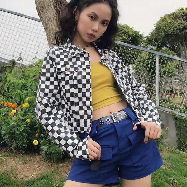 high streetwear hiphop korean long sleeve crop jean coat short denim jacket checkerboard plaid jumper harajuku ulzzang 2020, Black;brown
high streetwear hiphop korean long sleeve crop jean coat short denim jacket checkerboard plaid jumper harajuku ulzzang 2020, Black;brown