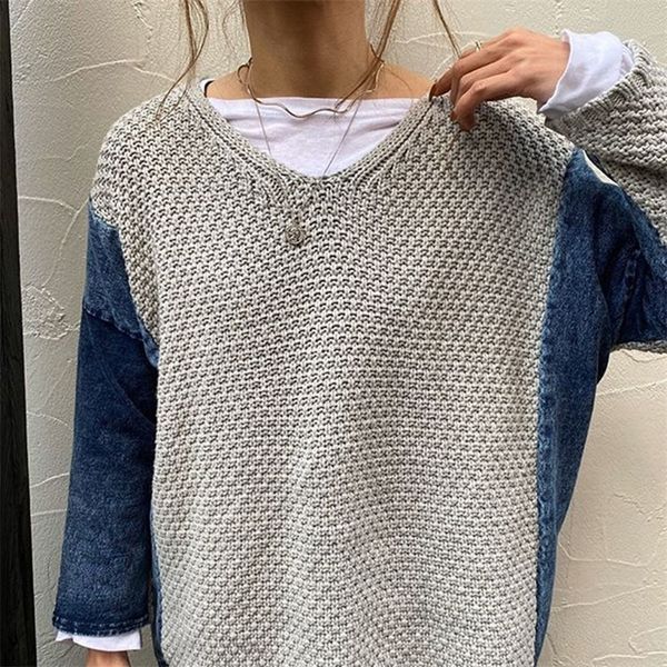pullovers women patchwork sweater fashion japan korean style straight knitted denim jumper sweater femme new 201203, White;black
pullovers women patchwork sweater fashion japan korean style straight knitted denim jumper sweater femme new 201203, White;black