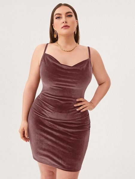 plus cowl neck velvet bodycon dress f07n#, Black