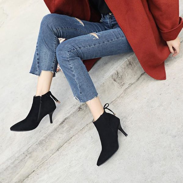 big size ma'am fine heel short boots pure color pointed boot barrel suede high-heeled boots, Black
big size ma'am fine heel short boots pure color pointed boot barrel suede high-heeled boots, Black