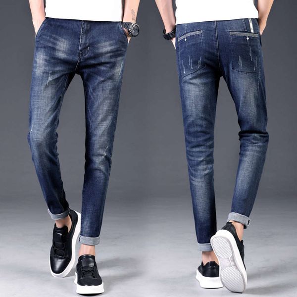 men's 2021 new stretch quarter korean slim fit small leg jeans 209, Blue 
men's 2021 new stretch quarter korean slim fit small leg jeans 209, Blue