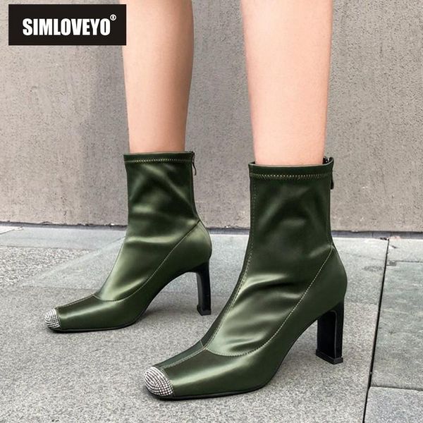 SIMLOVEYO Shoes women Round toe Thick high heel Silk zipper Rhinestone toe Sock ankle boots Black Green size 39 Autumn botas
SIMLOVEYO Shoes women Round toe Thick high heel Silk zipper Rhinestone toe Sock ankle boots Black Green size 39 Autumn botas