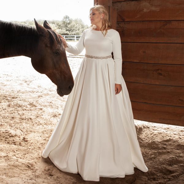 2021 new modest satin wedding elegant long sleeves o neck simple bride gown sweep train beading belt bridal es c8ed, White
2021 new modest satin wedding elegant long sleeves o neck simple bride gown sweep train beading belt bridal es c8ed, White