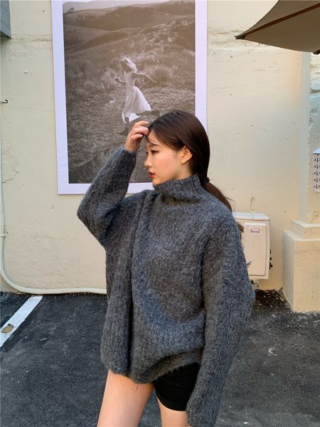 lazy wind high neck pullover grey wool loose sweater, White;black
lazy wind high neck pullover grey wool loose sweater, White;black